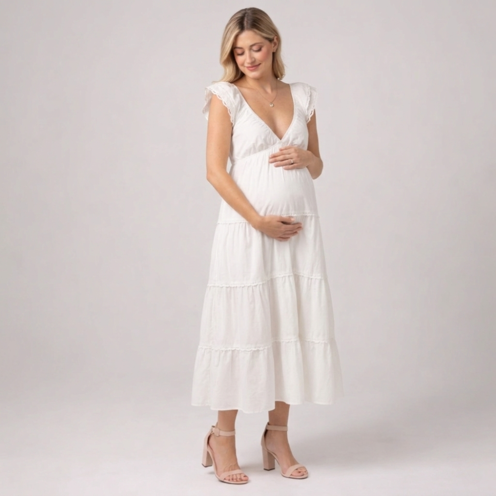 Momshaped™ Ruffle Summer Maxi Maternity Dress Elegant Flowy-momshaped-S-White-momshaped