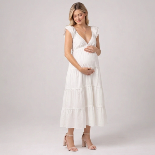 Momshaped™ Ruffle Summer Maxi Maternity Dress Elegant Flowy-momshaped-S-White-momshaped