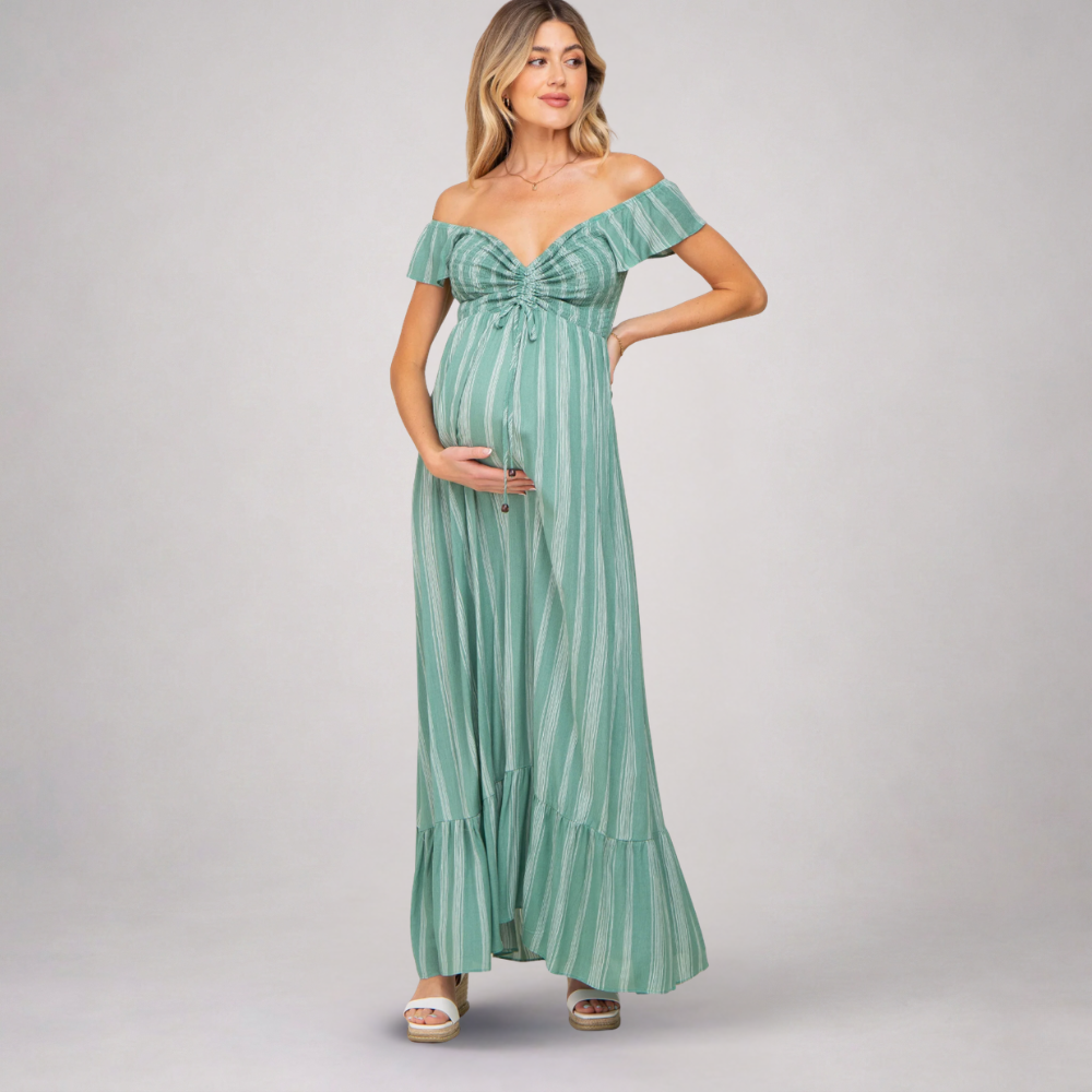 Momshaped™ Striped Summer Maternity Maxi Dress Flowy Comfortable-momshaped-Green-S-momshaped