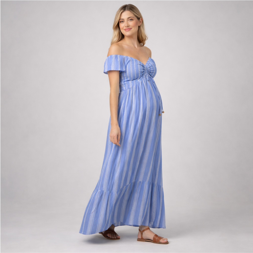 Momshaped™ Striped Summer Maternity Maxi Dress Flowy Comfortable-momshaped-Blue-S-momshaped