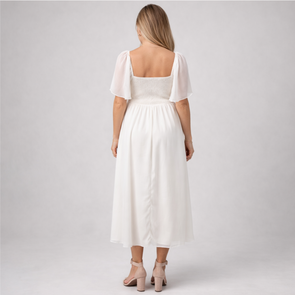 Momshaped™ White Floral Flutter Sleeved Midi Maternity Dress Romantic Elegant-momshaped-S-momshaped