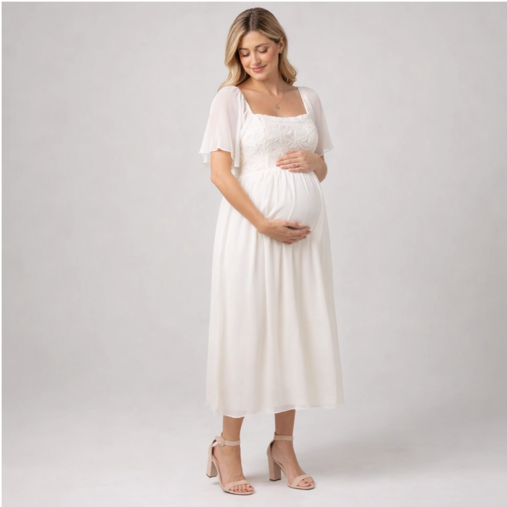 Momshaped™ White Floral Flutter Sleeved Midi Maternity Dress Romantic Elegant-momshaped-S-momshaped